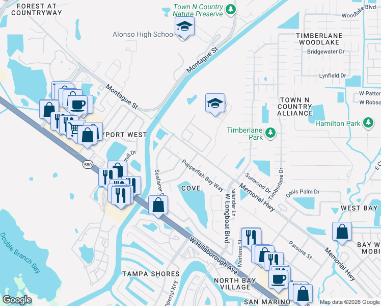 map of restaurants, bars, coffee shops, grocery stores, and more near 6805 Bay Overlook Way in Tampa