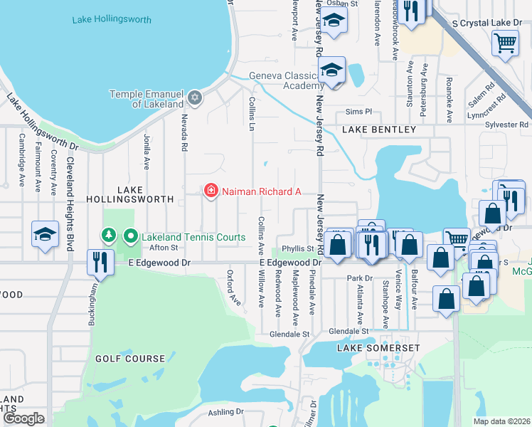 map of restaurants, bars, coffee shops, grocery stores, and more near 2626 Collins Avenue in Lakeland