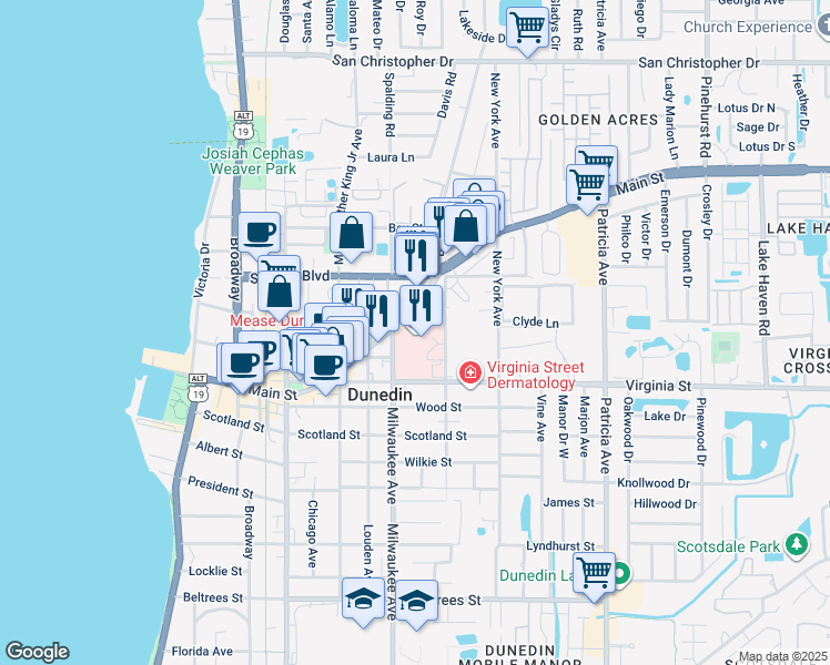 map of restaurants, bars, coffee shops, grocery stores, and more near 601 Main Street in Dunedin