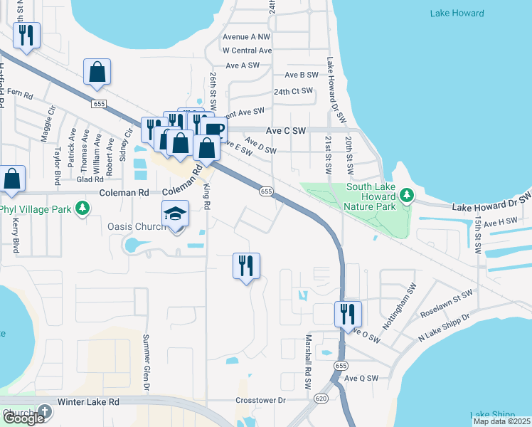 map of restaurants, bars, coffee shops, grocery stores, and more near 1416 Wallace Manor Pass in Winter Haven