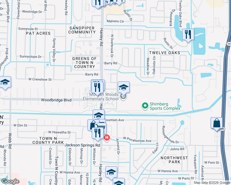 map of restaurants, bars, coffee shops, grocery stores, and more near 7202 Armand Drive in Tampa