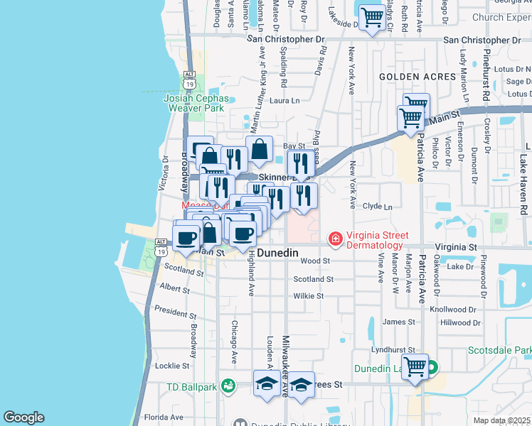 map of restaurants, bars, coffee shops, grocery stores, and more near 914 Louden Avenue in Dunedin