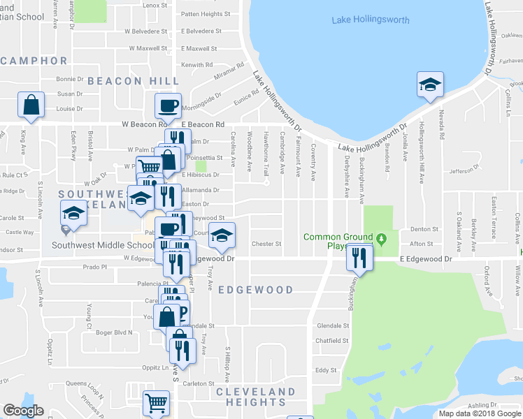 map of restaurants, bars, coffee shops, grocery stores, and more near 608 Kerneywood Street in Lakeland