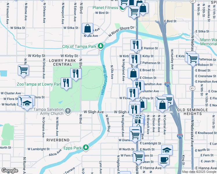 map of restaurants, bars, coffee shops, grocery stores, and more near 7222 North Ola Avenue in Tampa