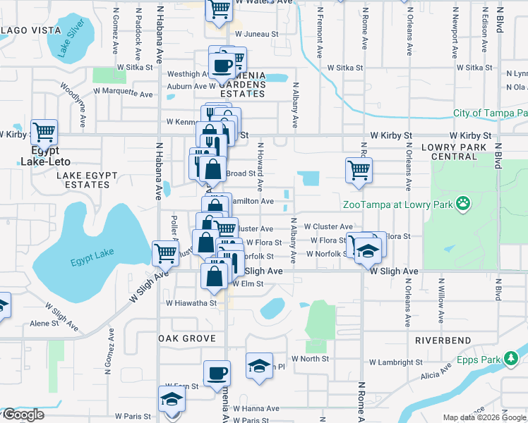 map of restaurants, bars, coffee shops, grocery stores, and more near 7201 North Howard Avenue in Tampa