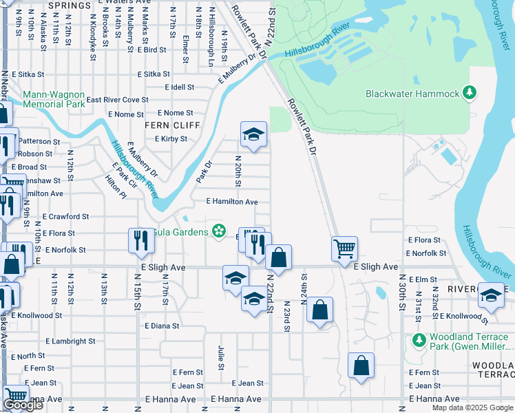 map of restaurants, bars, coffee shops, grocery stores, and more near 2101 East Hamilton Avenue in Tampa