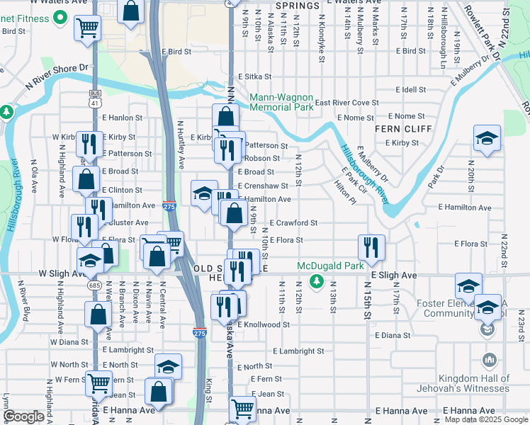 map of restaurants, bars, coffee shops, grocery stores, and more near 7211 North 10th Street in Tampa