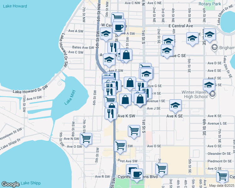 map of restaurants, bars, coffee shops, grocery stores, and more near 910 3rd St SW in Winter Haven