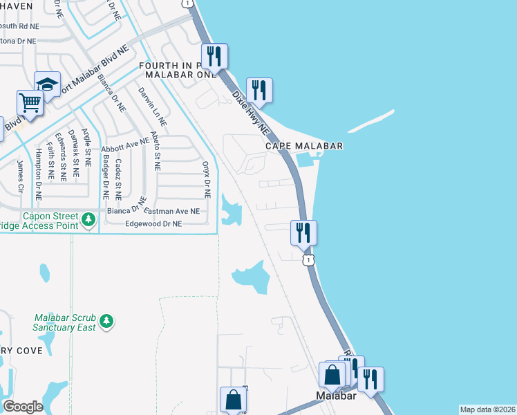 map of restaurants, bars, coffee shops, grocery stores, and more near 3314 Overlook Drive in Palm Bay