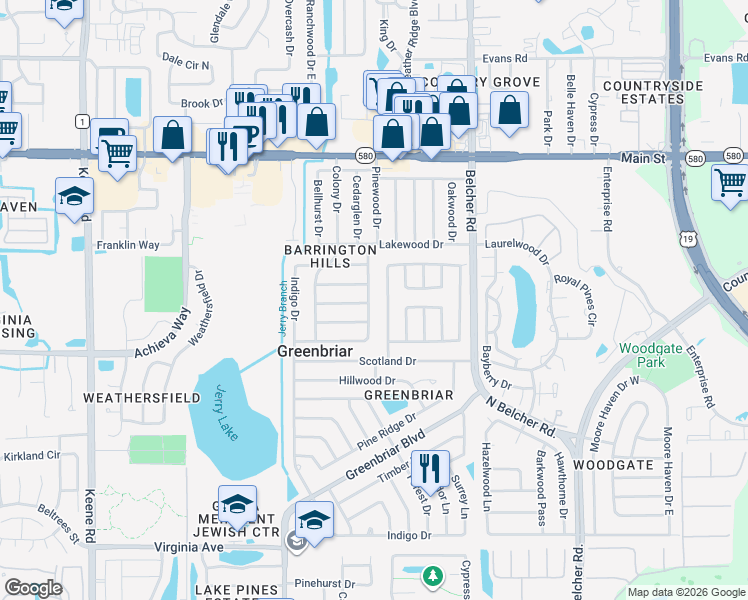 map of restaurants, bars, coffee shops, grocery stores, and more near 2545 Bramblewood Drive West in Clearwater