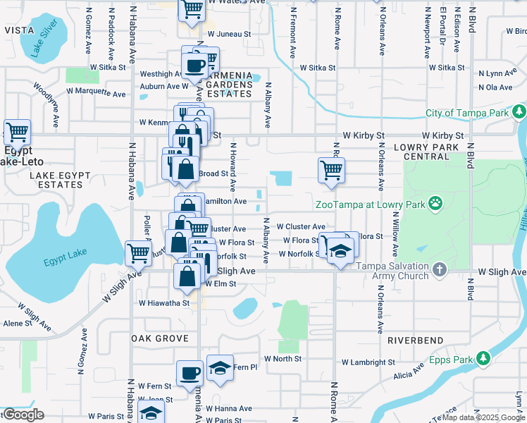 map of restaurants, bars, coffee shops, grocery stores, and more near 2101 West Crawford Street in Tampa