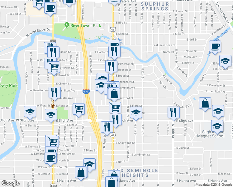 map of restaurants, bars, coffee shops, grocery stores, and more near 7277 North Nebraska Avenue in Tampa