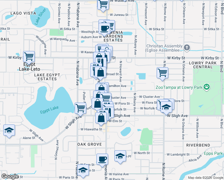 map of restaurants, bars, coffee shops, grocery stores, and more near 2307 West Crawford Street in Tampa