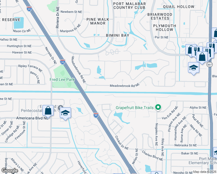map of restaurants, bars, coffee shops, grocery stores, and more near 1250 Meadowbrook Road Northeast in Palm Bay