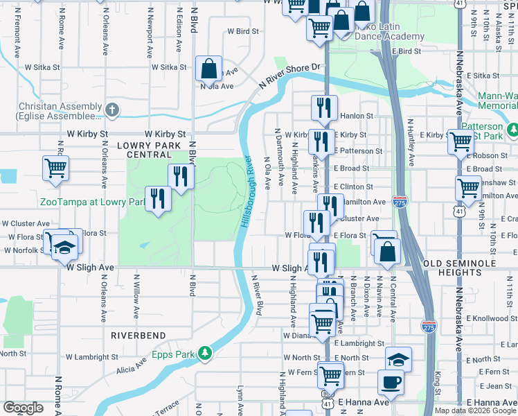 map of restaurants, bars, coffee shops, grocery stores, and more near 7222 North Ola Avenue in Tampa