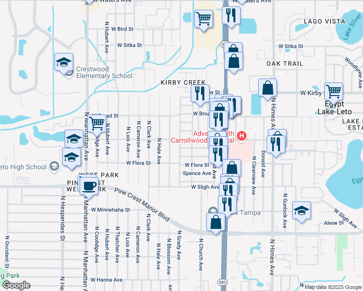 map of restaurants, bars, coffee shops, grocery stores, and more near 7019 North Grady Avenue in Tampa