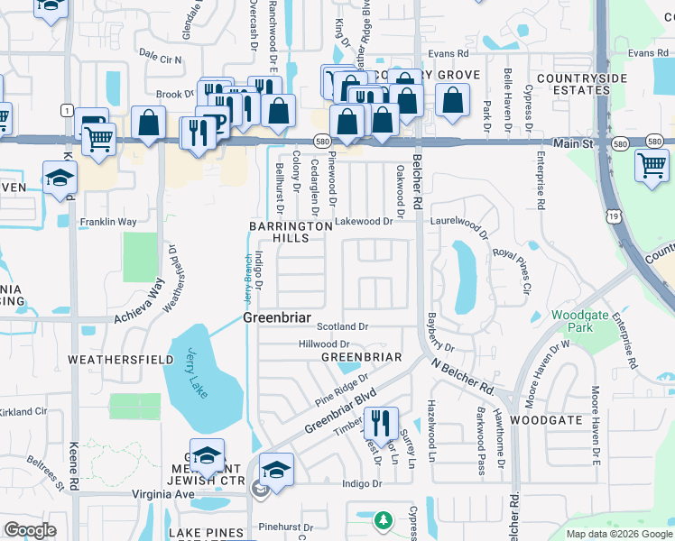 map of restaurants, bars, coffee shops, grocery stores, and more near 2545 Bramblewood Drive West in Clearwater