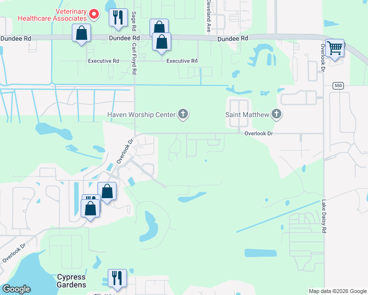 map of restaurants, bars, coffee shops, grocery stores, and more near 1810 Overlook Drive in Winter Haven