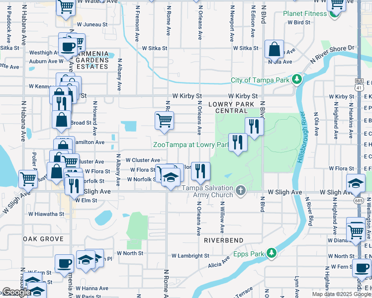 map of restaurants, bars, coffee shops, grocery stores, and more near 7020 North Oregon Avenue in Tampa