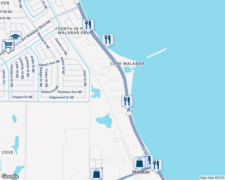 map of restaurants, bars, coffee shops, grocery stores, and more near 3912 Overlook Drive in Palm Bay