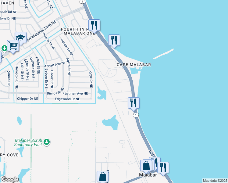 map of restaurants, bars, coffee shops, grocery stores, and more near 3314 Overlook Drive in Palm Bay