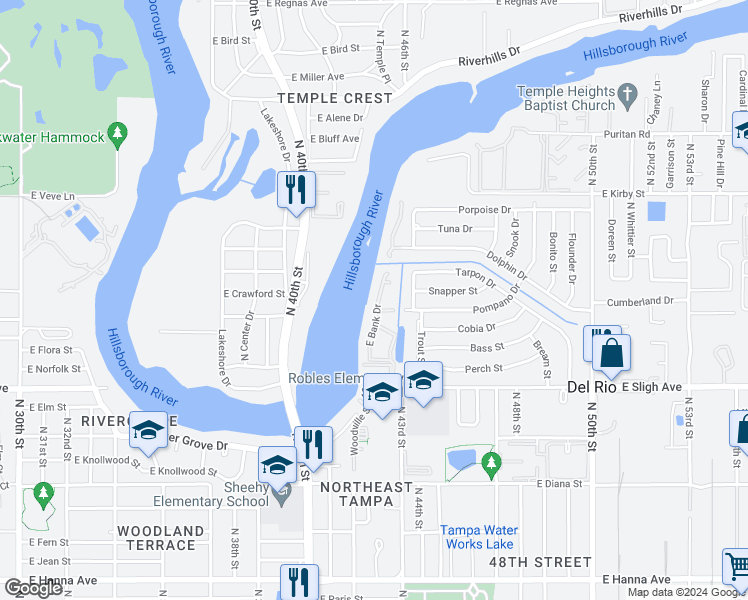 map of restaurants, bars, coffee shops, grocery stores, and more near 7352 East Bank Drive in Tampa