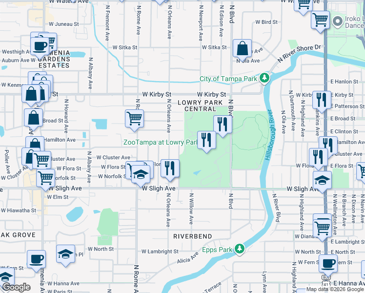 map of restaurants, bars, coffee shops, grocery stores, and more near 1101 West Sligh Avenue in Tampa