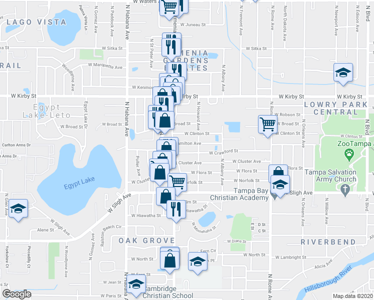map of restaurants, bars, coffee shops, grocery stores, and more near 2307 West Crawford Street in Tampa