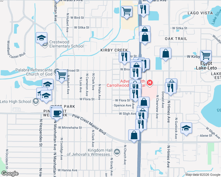 map of restaurants, bars, coffee shops, grocery stores, and more near 7019 North Grady Avenue in Tampa