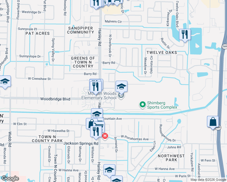 map of restaurants, bars, coffee shops, grocery stores, and more near 7202 Armand Drive in Tampa