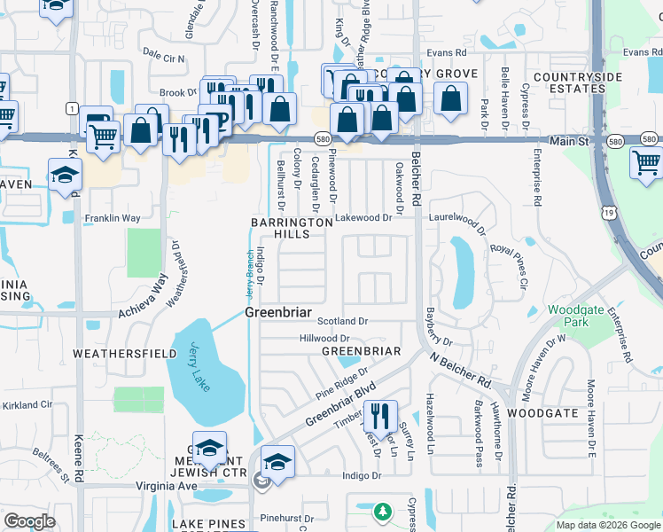 map of restaurants, bars, coffee shops, grocery stores, and more near 2545 Bramblewood Drive West in Clearwater