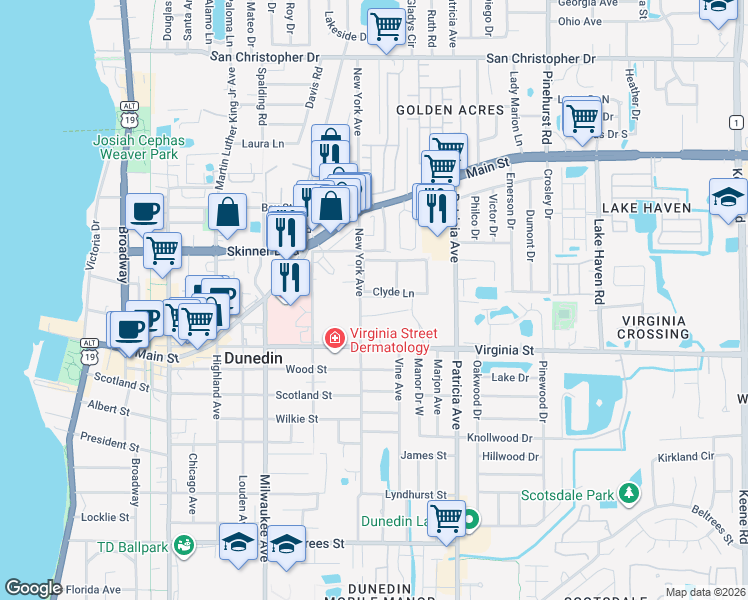 map of restaurants, bars, coffee shops, grocery stores, and more near 871 New York Avenue in Dunedin