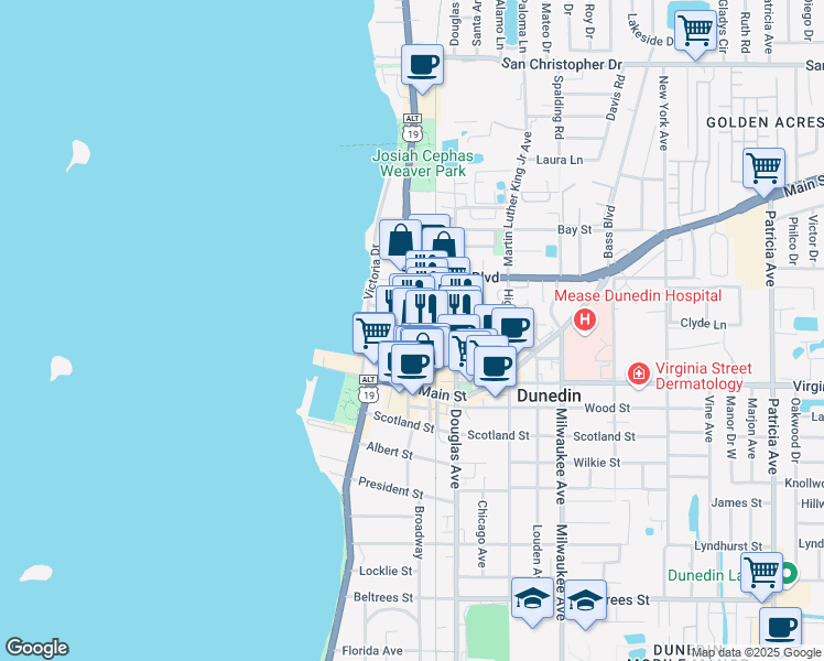 map of restaurants, bars, coffee shops, grocery stores, and more near 927 Broadway in Dunedin