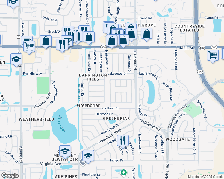 map of restaurants, bars, coffee shops, grocery stores, and more near 2545 Bramblewood Drive West in Clearwater