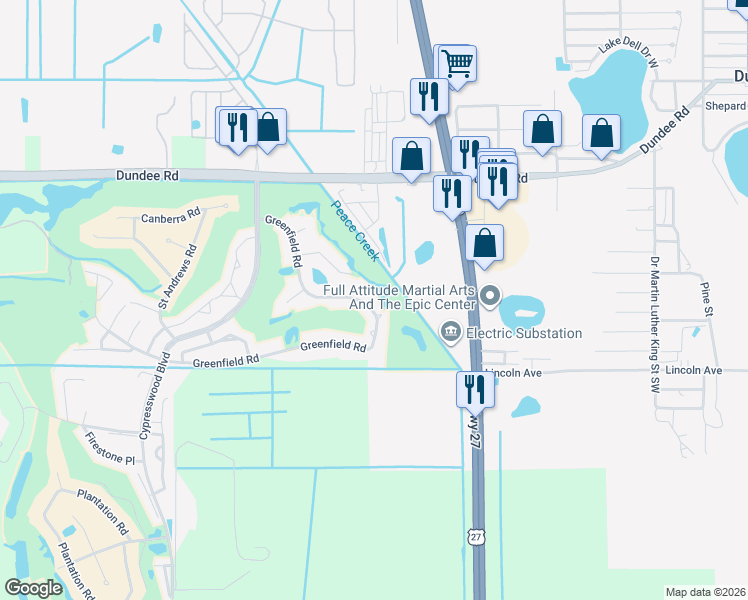 map of restaurants, bars, coffee shops, grocery stores, and more near 250 Greenfield Road in Winter Haven