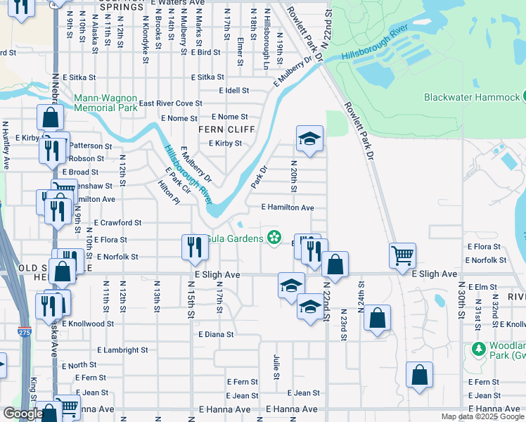 map of restaurants, bars, coffee shops, grocery stores, and more near 1901 East Hamilton Avenue in Tampa