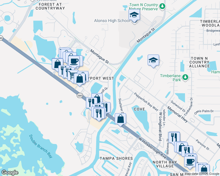 map of restaurants, bars, coffee shops, grocery stores, and more near 6923 Silvermill Drive in Tampa