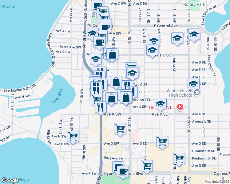 map of restaurants, bars, coffee shops, grocery stores, and more near 700 3rd Street Northwest in Winter Haven