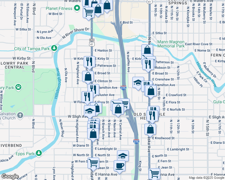 map of restaurants, bars, coffee shops, grocery stores, and more near 409 East Hamilton Avenue in Tampa