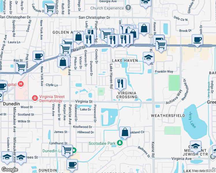 map of restaurants, bars, coffee shops, grocery stores, and more near 1089 Loch Haven Drive South in Dunedin