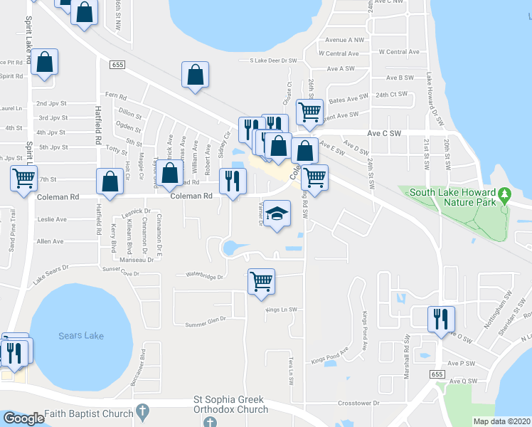 map of restaurants, bars, coffee shops, grocery stores, and more near 140 Varner Drive Southwest in Winter Haven