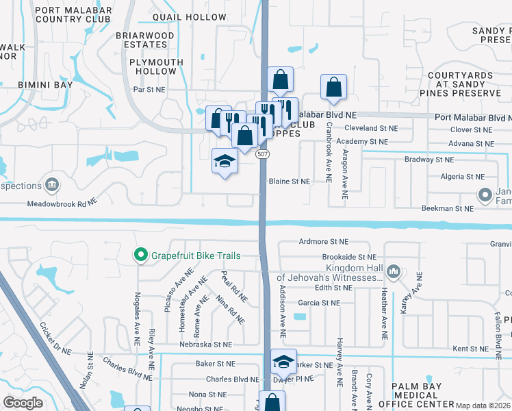 map of restaurants, bars, coffee shops, grocery stores, and more near 1682 Arcot Circle Northeast in Palm Bay