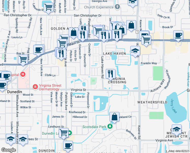 map of restaurants, bars, coffee shops, grocery stores, and more near 1089 Loch Haven Drive South in Dunedin