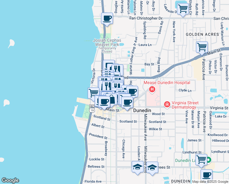 map of restaurants, bars, coffee shops, grocery stores, and more near 966 Douglas Avenue in Dunedin