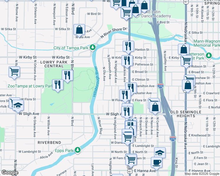 map of restaurants, bars, coffee shops, grocery stores, and more near 7216 North Highland Avenue in Tampa