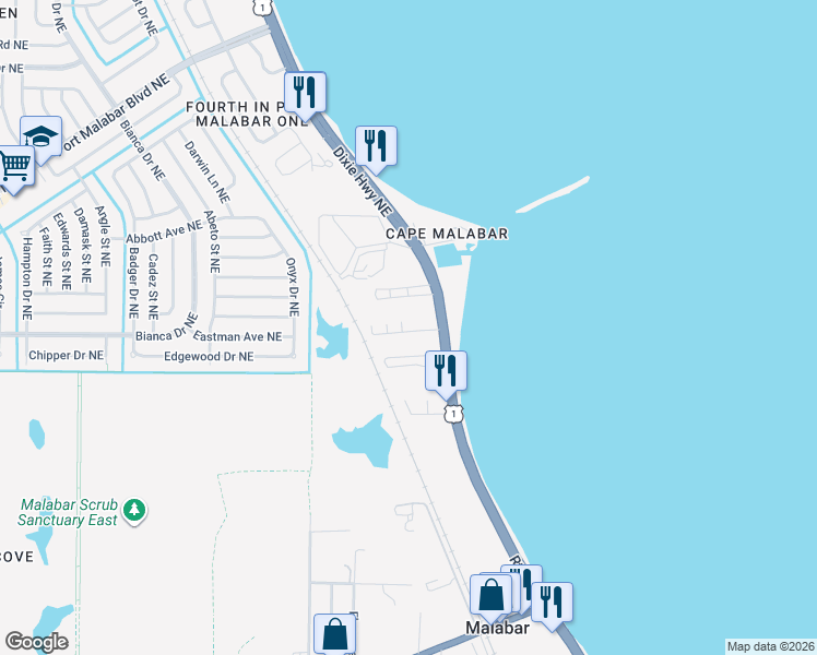 map of restaurants, bars, coffee shops, grocery stores, and more near 4114 Overlook Drive in Palm Bay
