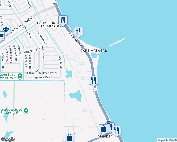 map of restaurants, bars, coffee shops, grocery stores, and more near 4618 Overlook Drive in Palm Bay