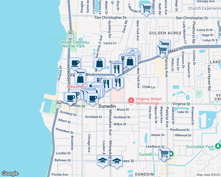 map of restaurants, bars, coffee shops, grocery stores, and more near 601 Main Street in Dunedin