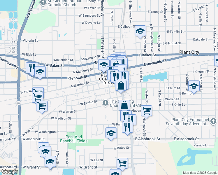 map of restaurants, bars, coffee shops, grocery stores, and more near 201 South Wheeler Street in Plant City