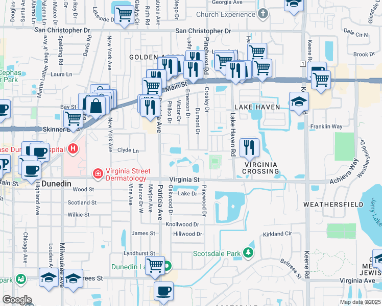 map of restaurants, bars, coffee shops, grocery stores, and more near 1153 Stewart Dr in Dunedin